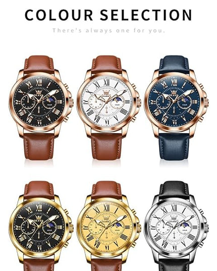 OLEVS Men's Watches Leather Strap Analog Quartz Watch, Fashion Big Dial Date Waterproof Watch, Dress Luxury Luminous Men Watches