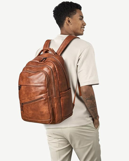 43L Backpack for Women Men - Vegan Leather Backpack Purse Travel Carry-on Bag College Bookbag Work fits 17" Laptop, Brown