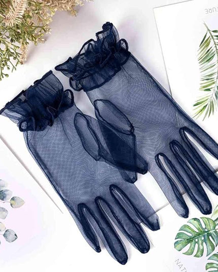 Women's Summer Tulle Gloves Pleated Ruffle Full Finger Wrist Length Opera Party Gloves