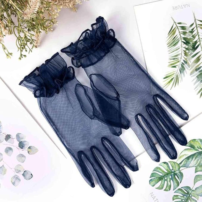Women's Summer Tulle Gloves Pleated Ruffle Full Finger Wrist Length Opera Party Gloves