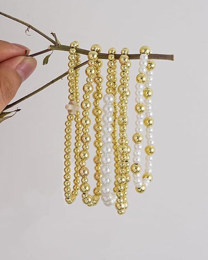Gold Beaded Bracelets for Women, 14K Real Gold Plated Jewelry for Women Dainty Pearl Bead Bracelets Stack, Non Tarnish Trendy Stackable Ball Cross Stretch Bracelet Set Fashion Accessories Gifts
