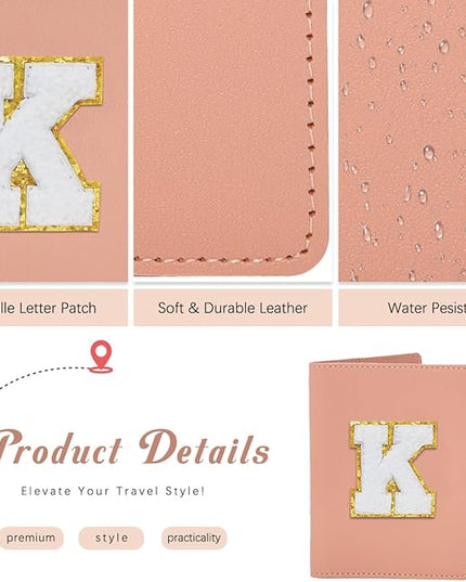 Initial Passport Cover Holder and Luggage tag Set,PU Leather Passport Case Travel Suitcase Tag with Letter Patch, Personalized Travel Luggage Accessories Gifts for Women Grils Teenage Pink Letter K