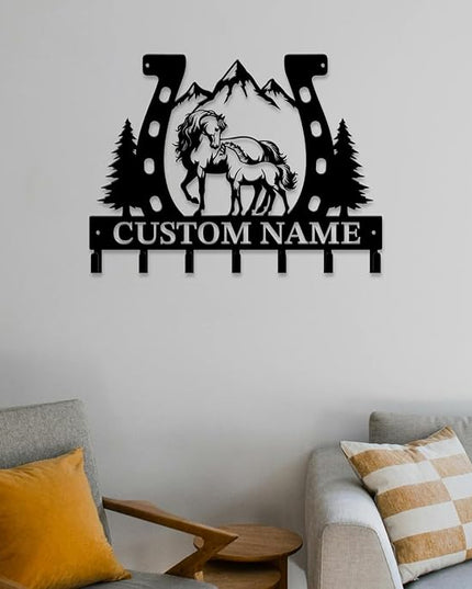 Personalized Custom Name Farm Horse Wall Key Hooks,Metal Horse Art Clothes Hooks,Metal Horse Wall Home Storage Decorative,For Front Door, Hallway, Kitchen, Bedroom,Keys,Hats (Style D)
