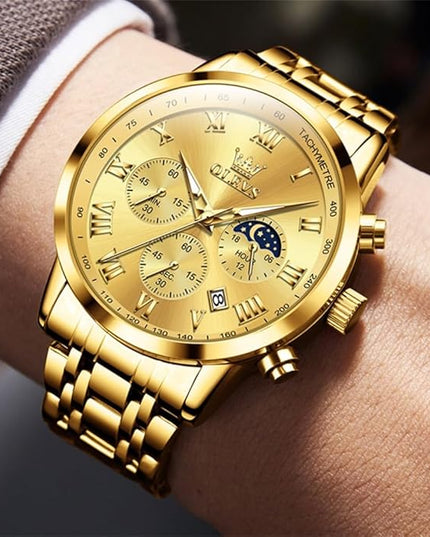 OLEVS Mens Watch Luxury Big Face Stainless Steel Analog Quartz Multifunctional Waterproof Luminous Date Two Tone Fashion Dress Wrist Watches for Man