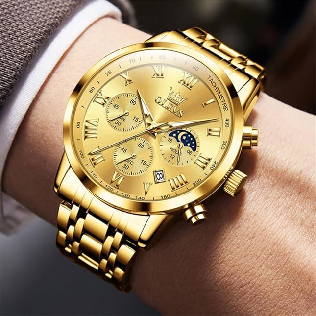 OLEVS Mens Watch Luxury Big Face Stainless Steel Analog Quartz Multifunctional Waterproof Luminous Date Two Tone Fashion Dress Wrist Watches for Man