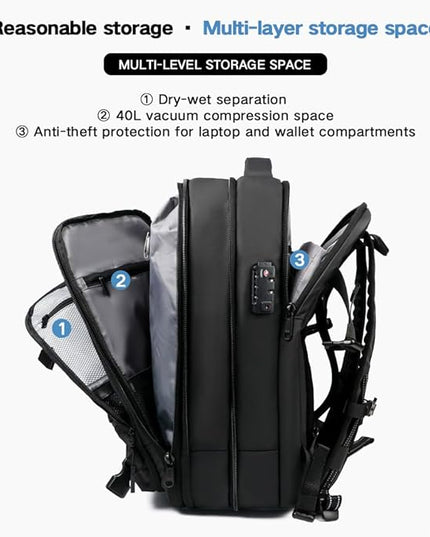 Travel Anti-theft Backpack,Vacuum Seal Bag wIth Air Pump,60L Expandable Air Compression with TSA Lock,BLACK