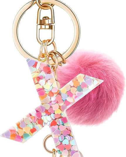 Resin Alphabet Initial Letter Keychain Keyring for Women Purse Handbags With Fur Ball Pom