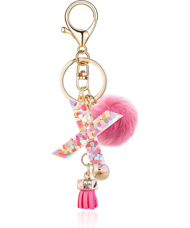 Resin Alphabet Initial Letter Keychain Keyring for Women Purse Handbags With Fur Ball Pom