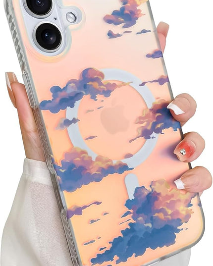 Cute Case for iPhone 16 Case for Women Girls [ Compatible with Magsafe ] Aesthetic Cloud Pattern Design, Girly Glitter Sparkly Bling Protective Phone Cover, Iridescent Sun Set Sky