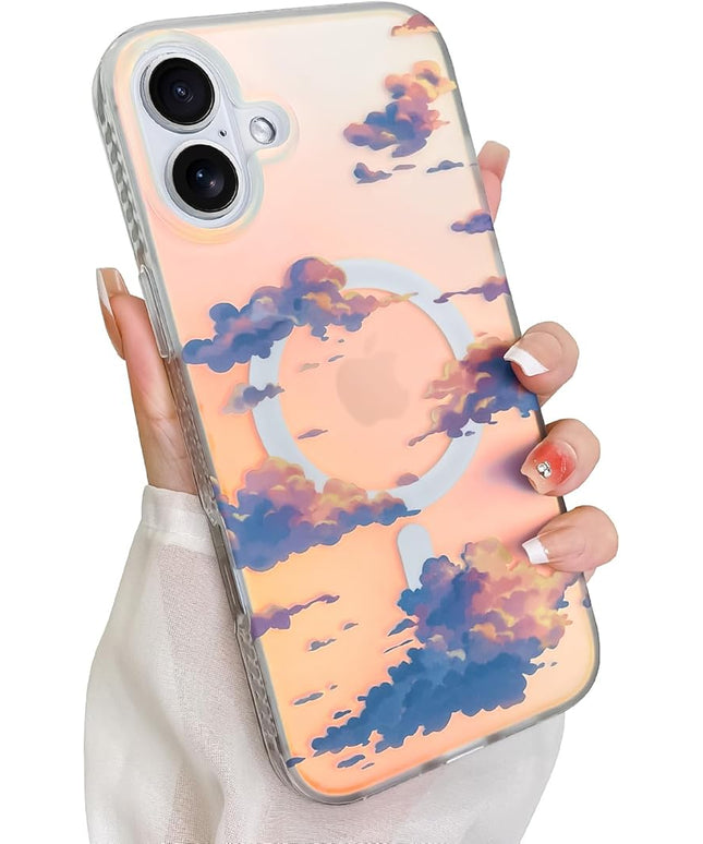 Cute Case for iPhone 16 Case for Women Girls [ Compatible with Magsafe ] Aesthetic Cloud Pattern Design, Girly Glitter Sparkly Bling Protective Phone Cover, Iridescent Sun Set Sky