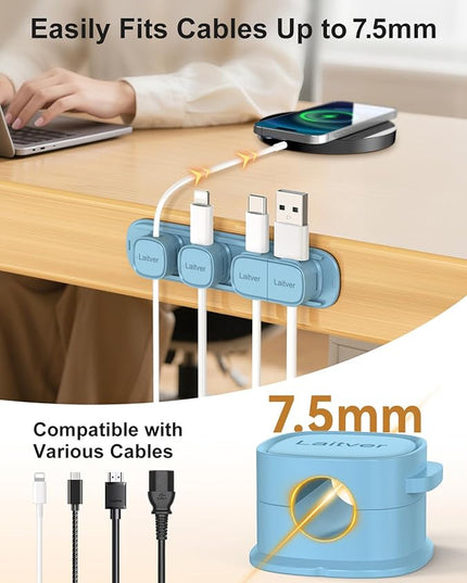 6 Pack Magnetic Cable Clips [1s Open/Lock], Laitver Cord Organizer Holder Strong Adhesive Desk Cable Management- Organize Charging Cords Neatly for Home, Office, Car,Desk, Nightstand-Peak Blue