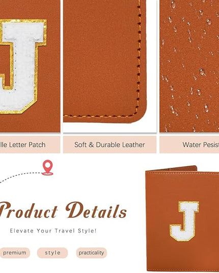 ULICO Initial Passport Cover and Luggage Tag Set,PU Leather Letter Passport Case Holder Travel Suitcase Tag, Personalized Travel Luggage Accessories Gifts for Women Kids Teenage Brown T