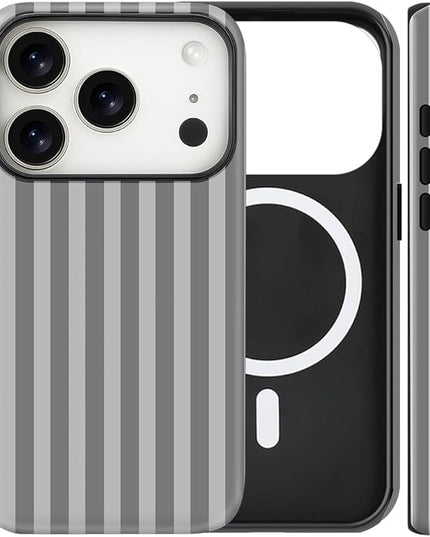 Magnetic for iPhone 17 Pro Max Case Cute Stripes Phone Case, Shockproof Slim TPU and Hard PC Protective Phone Cover Compatible with MagSafe Designed for Women Girls, Gray