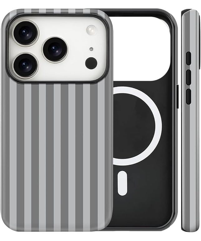 Magnetic for iPhone 17 Pro Max Case Cute Stripes Phone Case, Shockproof Slim TPU and Hard PC Protective Phone Cover Compatible with MagSafe Designed for Women Girls, Gray