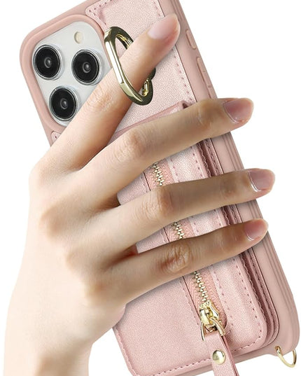 for iPhone 15 Pro Max Wallet Case with Card Holder, for iPhone 15 Pro Max Case Wallet with Strap Credit Card Slot, Crossbody Bag with Zipper Case for iPhone15 Pro Max - Rose Gold