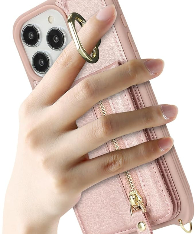 for iPhone 15 Pro Max Wallet Case with Card Holder, for iPhone 15 Pro Max Case Wallet with Strap Credit Card Slot, Crossbody Bag with Zipper Case for iPhone15 Pro Max - Rose Gold