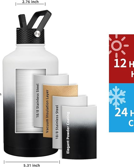 Insulated Water Bottle 87oz,Triple Wall Vacuum Stainless Steel(Dishwasher Safe),Leak Proof & Non-BPA,Flask Jug with Paracord Handle & Straw Spout Lids Sports Gradient black