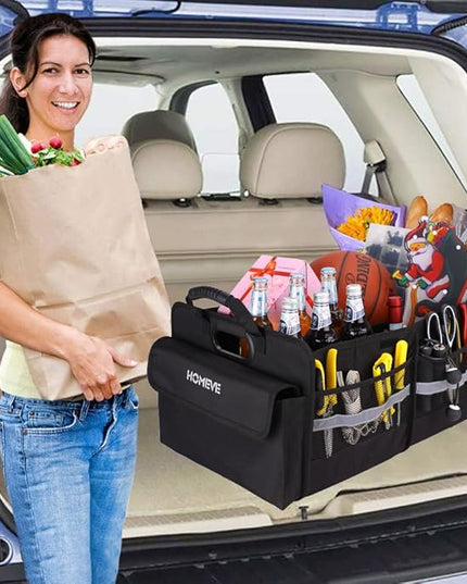Homeve Trunk Organizer for Car, Collapsible Storage Box, Car Storage Organizer, 3 Compartment, Multi Pockets, Non Slip Strips, Adjustable Securing Straps, Black
