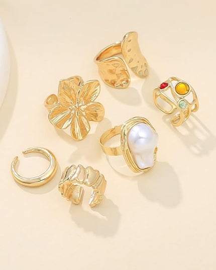 Chunky Gold Rings for Women Non Tarnish Statement Flower Ring Baroque Pearl Stackable Rings Set 6Pcs Chunky Jewelry