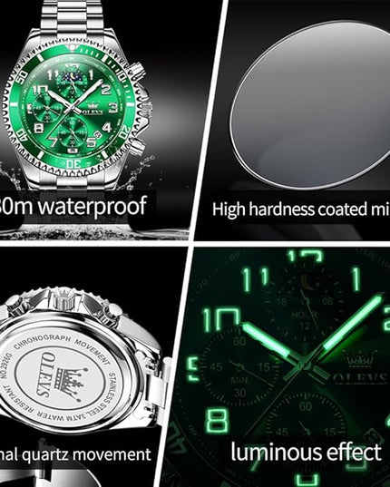 OLEVS Mens Watches Chronograph Watch Luxury Dress Stainless Steel Waterproof Watches for Men Moon Phase Luminous Business Calendar Wrist Watch Blue/Black/Green/Gold/Face