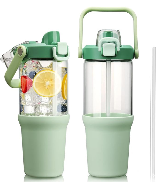 Glass Tumbler with Carry Handle, Clear Glass Water Bottle with Leakproof Lid, Spout Lid&Straw, BPA-Free, 32 oz, Light Green