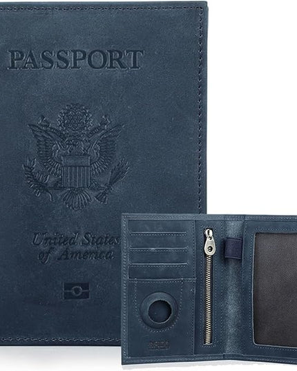 CONTACTS Full Grain Leather Passport Holder RFID Blocking Travel Passport Wallet Compatible with Airtag Passport Cover Case with 4 Card Slots, Coin Pocket (US Passport Stamp, Blue)