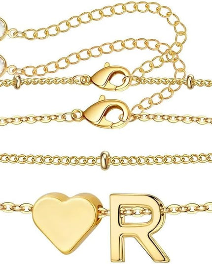M MOOHAM Valentines Day Gifts for Kids Teen Girls -14K-Gold-Plated Heart Initial A-Z Bracelets for Women Girl Dainty Gold Bracelets Birthday Valentines Gifts for Women Her Teenage Girls Kid Teen Gift