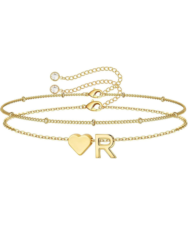 M MOOHAM Valentines Day Gifts for Kids Teen Girls -14K-Gold-Plated Heart Initial A-Z Bracelets for Women Girl Dainty Gold Bracelets Birthday Valentines Gifts for Women Her Teenage Girls Kid Teen Gift