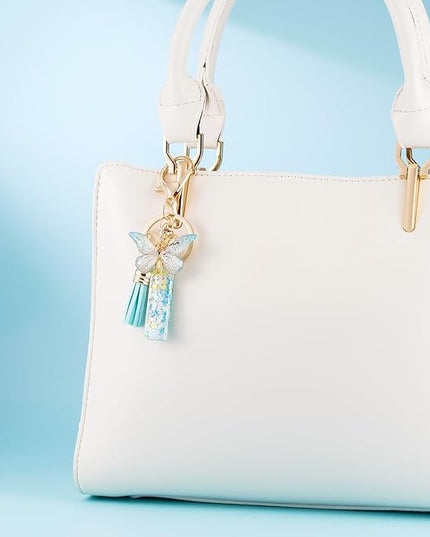 Fashion Alphabet Initial Letter Keychain Tassel Butterfly Pendant Key Ring for Purse Handbags Women Girl