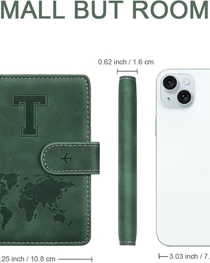 Personalized T Passport Holder Cover Initial Letter Travel Wallet RFID Blocking Passport Cover Credit Card Holder Case Passport Book Holders for Women and Men, Pine Green-T
