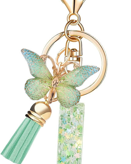 Fashion Alphabet Initial Letter Keychain Tassel Butterfly Pendant Key Ring for Purse Handbags Women Girl
