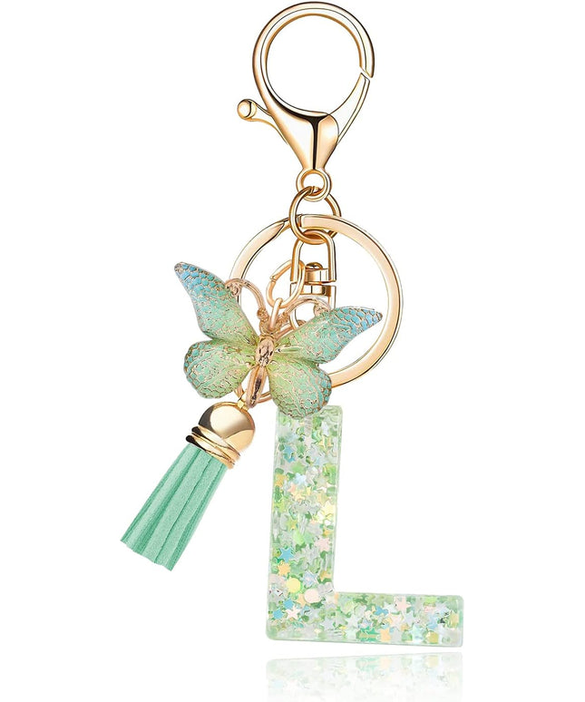 Fashion Alphabet Initial Letter Keychain Tassel Butterfly Pendant Key Ring for Purse Handbags Women Girl