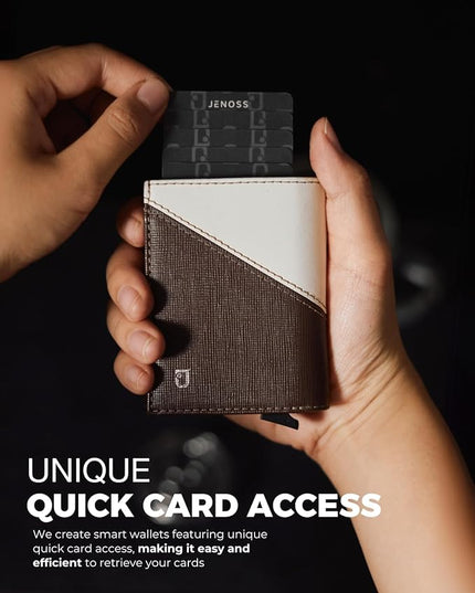 Jenoss Smart Wallet For Men: Full Grain Leather, Handcrafted, Slide Metal Pop Up Case, Slim RFID Blocking Credit Card Holder, Compact 12 Cards Slot Organizers, ID, Money Clip (Brown & Cream)