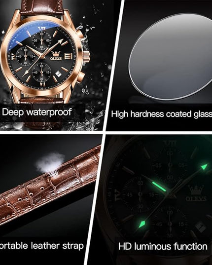 OLEVS Men's Watches Leather Strap Analog Quartz Watch, Fashion Big Dial Date Waterproof Watch, Dress Luxury Luminous Men Watches