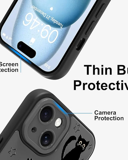 Cute Case for iPhone 15 Case with Finger Loop Stand, Kawaii Black Cats Pattern Design for Women Girls Boys, Full Camera Protection Protective Phone Cover with Hand Strap Kickstand