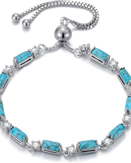 Genuine Turquoise Tennis Bracelet 925 Sterling Silver Adjustable Slider Bracelet Boho Jewelry Gifts for Women