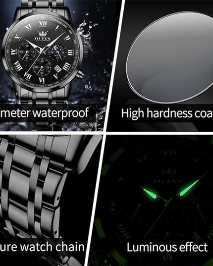 OLEVS Mens Watch Luxury Big Face Stainless Steel Analog Quartz Multifunctional Waterproof Luminous Date Two Tone Fashion Dress Wrist Watches for Man