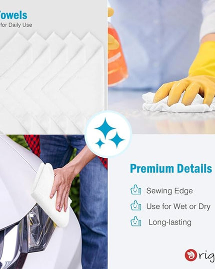 Orighty Microfiber Cleaning Cloth, 12 Pack Microfiber Towels for Cars, Highly Absorbent Car Cleaning Supplies, Lint Free Cloths Clean Rags for Car Care, House, Kitchen, 12x12 inch, White