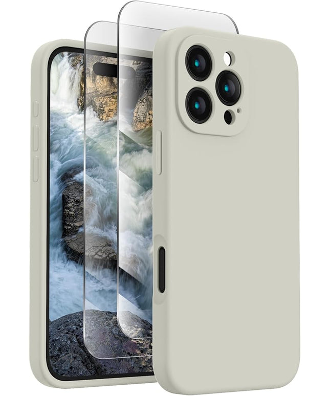 FireNova Designed for iPhone 16 Pro Case, Silicone Upgraded [Camera Protection] Phone Case with [2 Screen Protectors], Soft Anti-Scratch Microfiber Lining Inside, 2024, Stone