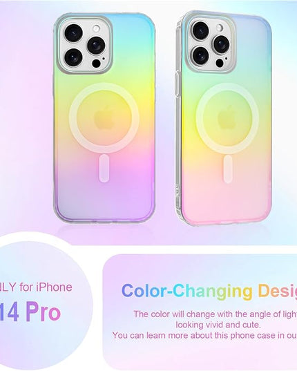 Cute Case for iPhone 14 Pro Case for Women Girls [Compatible with Magsafe] Aesthetic Girly Glitter Bling Rainbow Magnetic Protective Phone Cover, Translucent Iridescent Blue & Pink