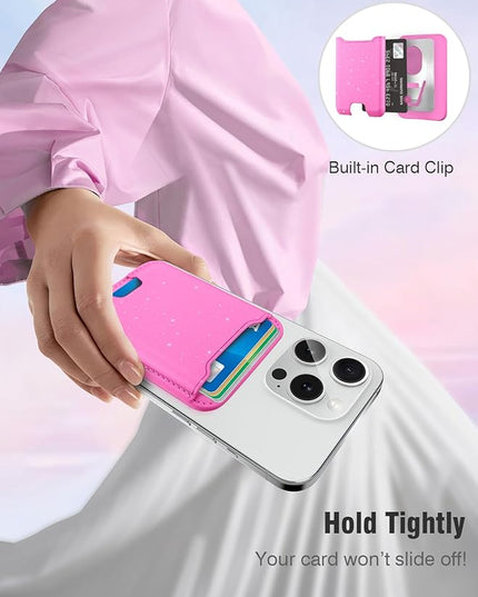 TopMade for Magsafe Wallet, Sparkle Magnetic Card Holder for iPhone 17, iPhone 16/15/14/13/12 Series, Leather Magnetic Phone Wallet with Powerful Magnet, RFID Blocking, Fit 4 Cards, Glitter Pink
