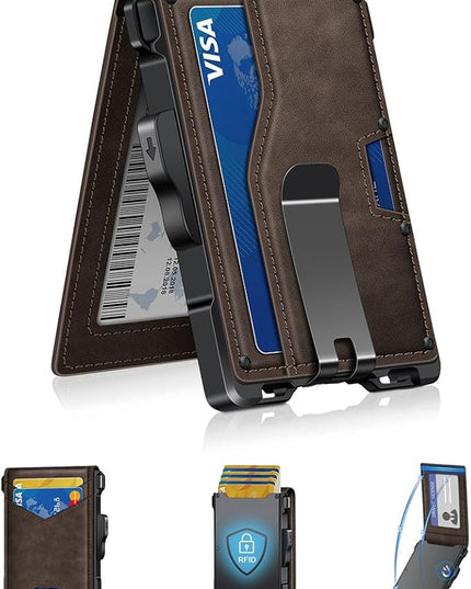 GHUKY Wallet for Men, Minimalist Slim Mens Wallet with Money Clip, RFID Blocking Smart Pop Up Card Wallet with ID Window, Compact Bifold Wallet,Metal Aluminum Credit Card Holder