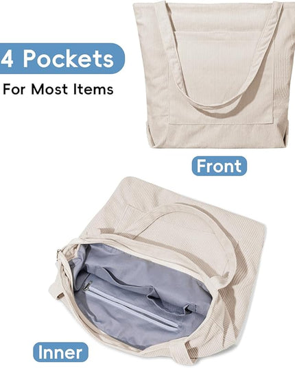 Iioscre Corduroy Tote Bag for Women,Hobo HandBags with Zipper,Large Capacity Casual Shoulder Handbags with Inner Pockets
