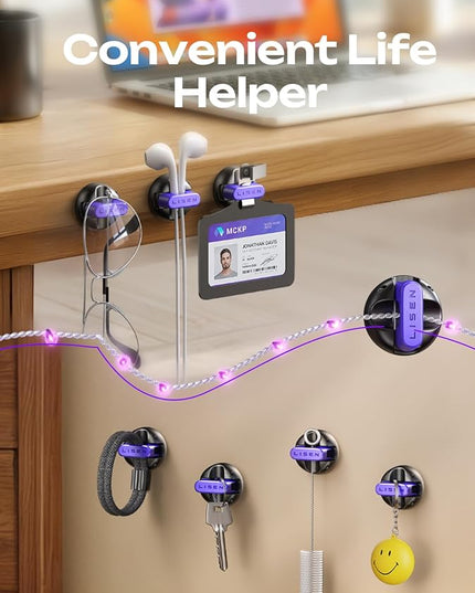 8-Pack Office Desk Accessories [1S Snap-On] Nightstand Organizer, LISEN Desk Organizers and Accessories with 4 Extra Strong Adhesive Pads, Wire Organizer for Nightstand, Home, Car, Desktop, Purple