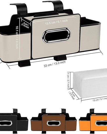 Car Back Seat Organizer with Tissue, Car Seat Back Tissue Box and Storage Hook, Multifunctional Car Organizer for Hold Phone,Drinks,Handbag,Compatible with Most Vehicles (Beige)