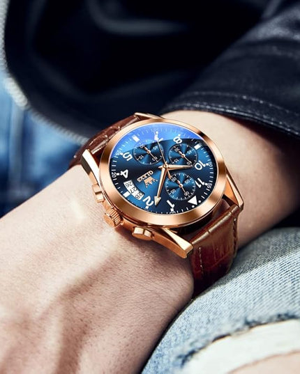 OLEVS Men's Watches Leather Strap Analog Quartz Watch, Fashion Big Dial Date Waterproof Watch, Dress Luxury Luminous Men Watches