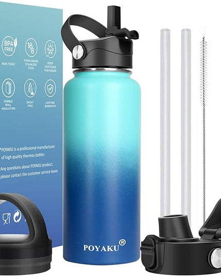 Water Bottle Insulated 32oz 40oz 64oz 128oz Straw Lid Spout Lid & 3 Lids, Leak Proof, Vacuum Insulated,Stainless Steel Water Bottle Wide Mouth for Sports, Gym or Office