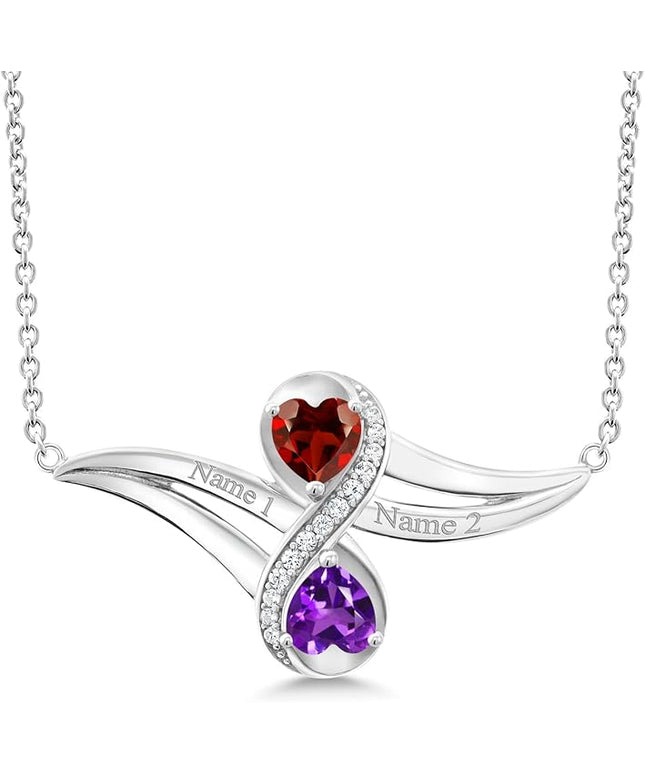 Gem Stone King 925 Sterling Silver Customized and Personalized Engraved Gemstone Birthstone 2 Heart Shape Pendant Necklace Promise Love Jewelry For Women with 18 Inch Silver Chain