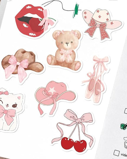 150pcs Coquette Stickers Cute Vinyl Laptop Sticker Monogram Decal Vintage Aesthetic StickersWaterproof Aesthetic Stickers, Pink Sticker Pack for Girls Water Bottles Laptop Computer Phone Guitar