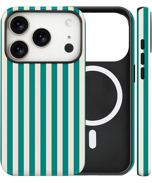 Magnetic for iPhone 17 Pro Case Cute Stripes Phone Case, Shockproof Slim TPU and Hard PC Protective Phone Cover Compatible with MagSafe Designed for Women Girls, Emerald Green